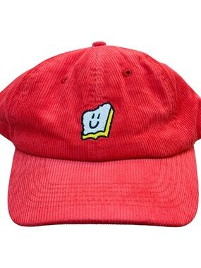 Red Corduroy Baseball Cap with Smiling Patch